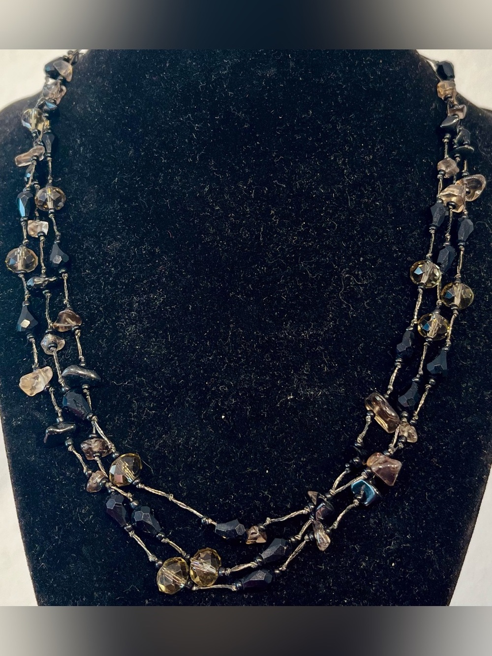 East Multi-Strand Black and Clear Beaded Necklace